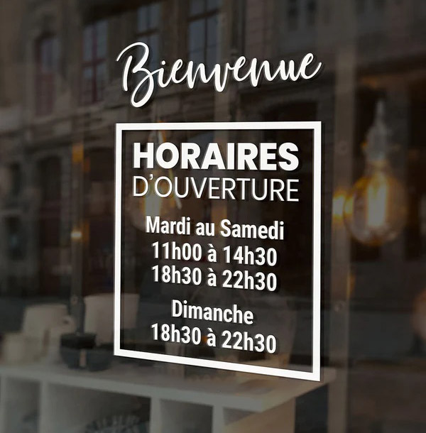 Lettrage horaires bienvenue magasin vitrine